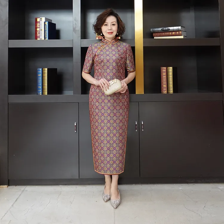 YINGDAK/应大紫金色立领新中式图纹旗袍喜婆婆连衣裙喜妈妈礼服裙