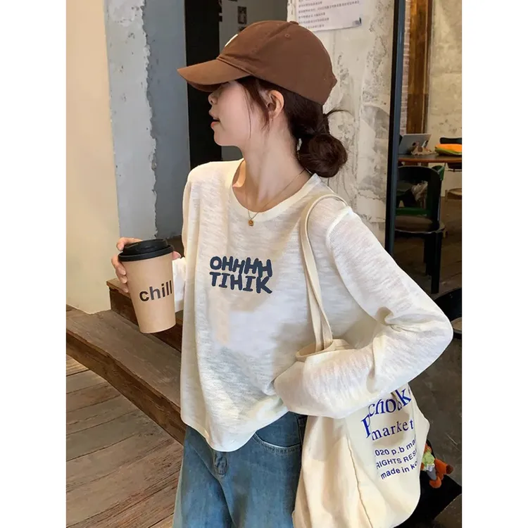 白色字母慵懒风微透宽松防晒罩衫女长袖t恤2025夏季韩系正肩上衣