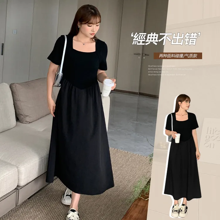 方领高腰气质连衣裙胖mm2025夏季新款韩系chic茶里茶气裙子63001