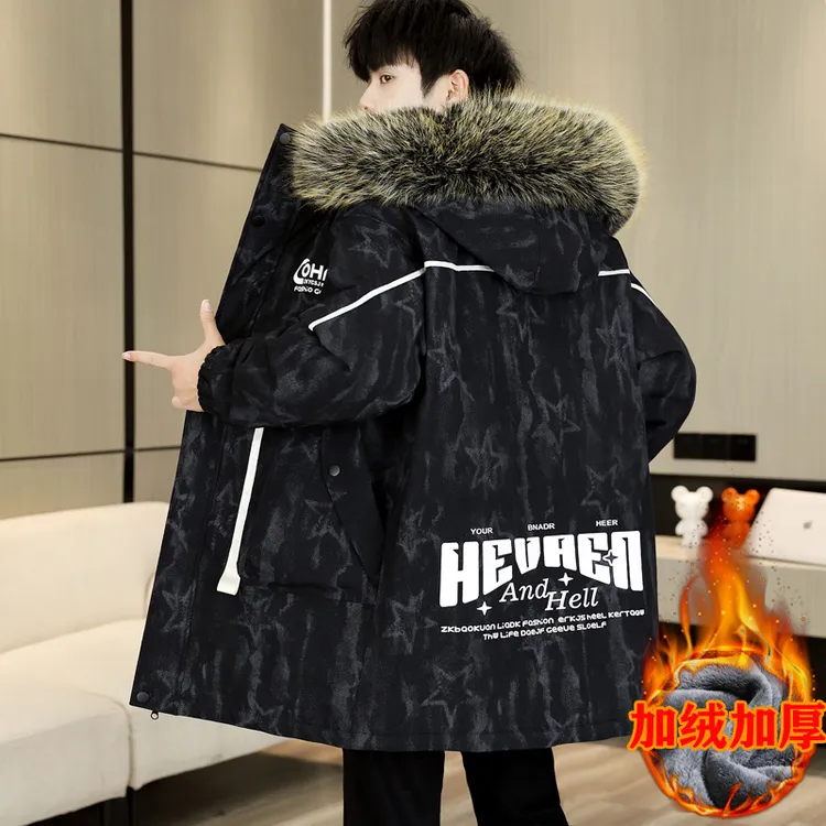 冬季青少年中长款外套男潮流宽松帅气加绒加厚夹克保暖冬装派克服