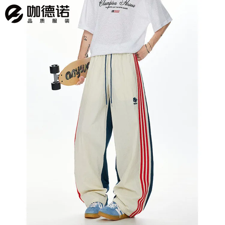 2025新款美式撞色三条杠速干裤男女夏季弯刀阔腿裤宽松情侣休闲裤