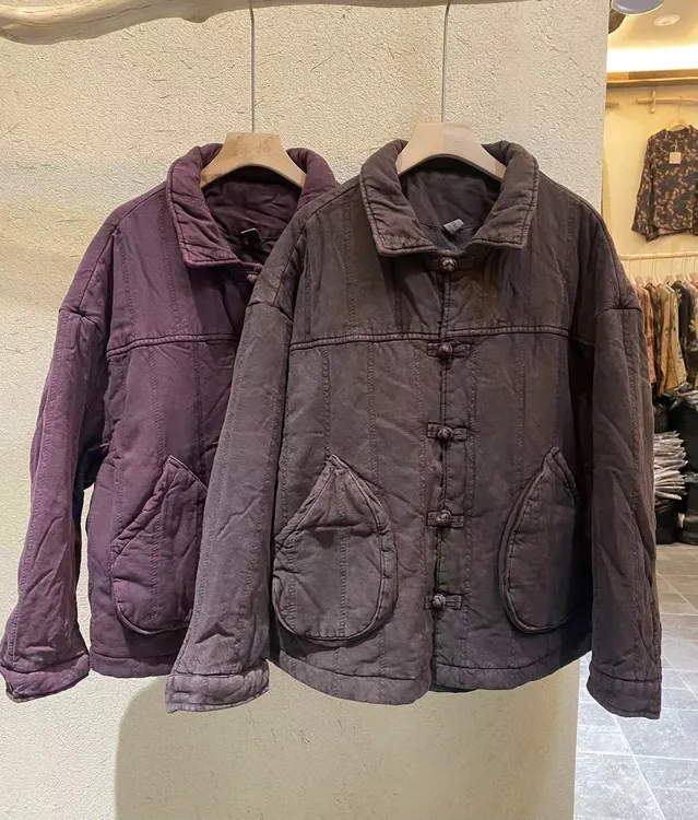 亚麻炒色 衬衫领盘扣月牙袋棉衣 940