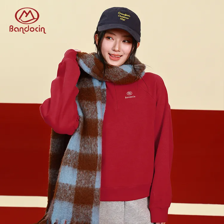 【新春系列】女童红色T恤冬季加绒长袖半开领卫衣美式休闲运动打底