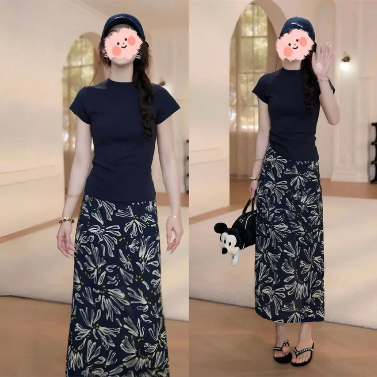 2025夏季洋气减龄显瘦短袖T恤上衣百搭半身裙气质套装