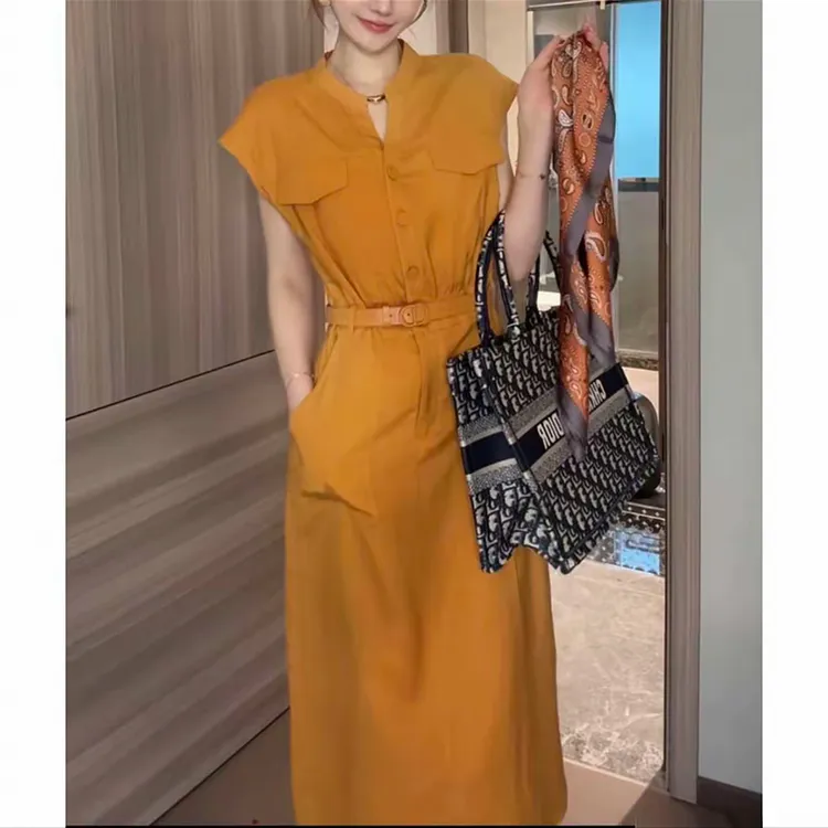 经典洋气收腰显瘦V领中长裙2025夏季纯色减龄休闲气质女人连衣裙