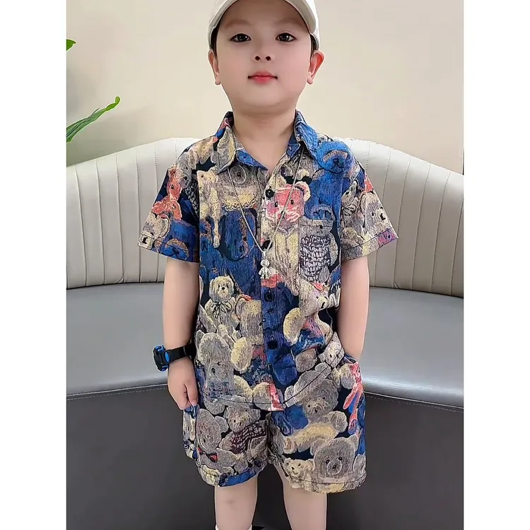 夏季男童衬衫套装新款儿童翻领上衣夏装短袖短裤套装帅气宝宝童装