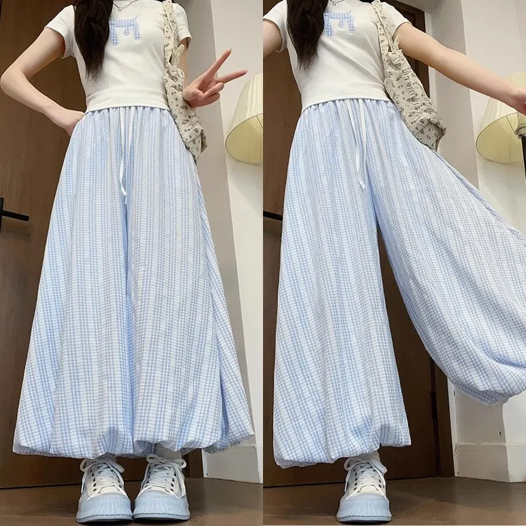 蓝色蓬蓬花苞裙裤女薄款小众设计感灯笼裤格纹宽松休闲阔腿裤夏季