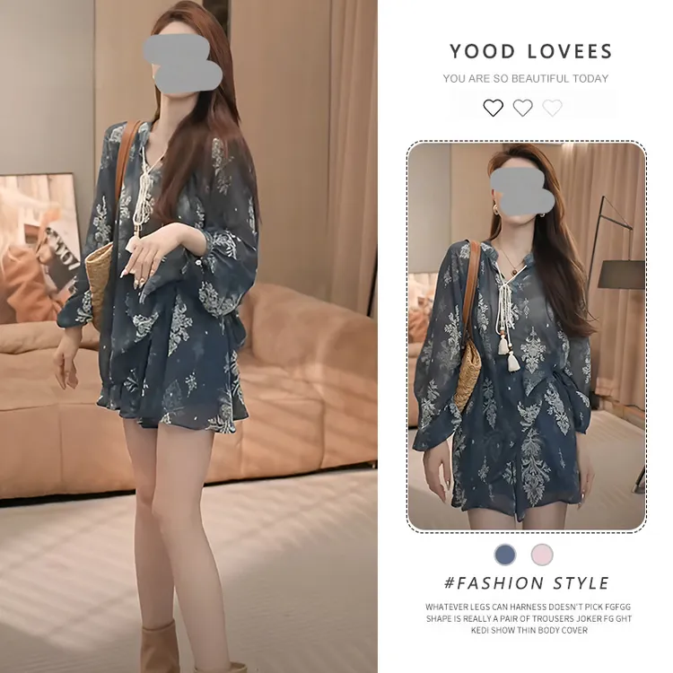 法式复古碎花套装女夏季款新中式长袖防晒衬衫高腰显瘦短裤两件套