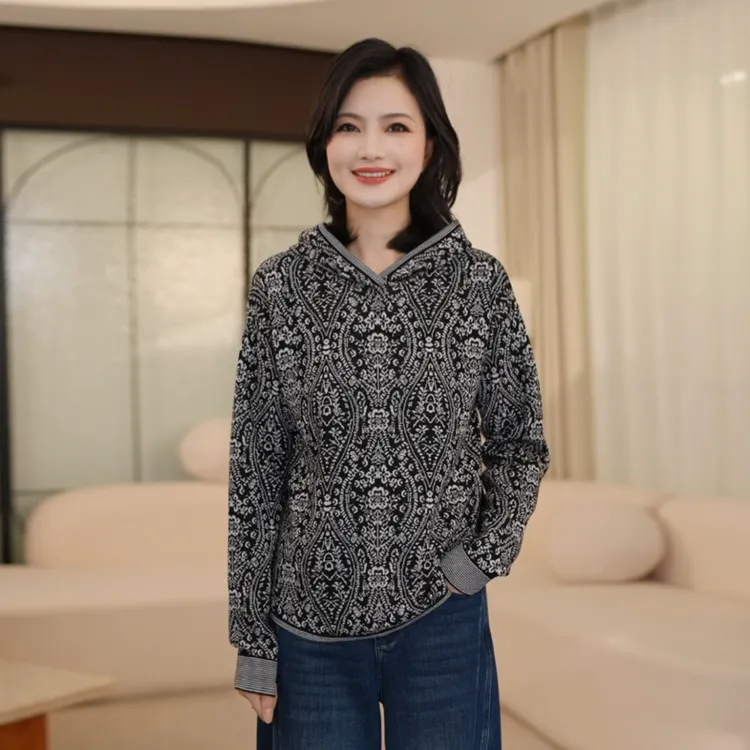 枫竺阿楠anan连帽撞色佩斯利花纹羊毛针织衫女冬保暖套头毛衣