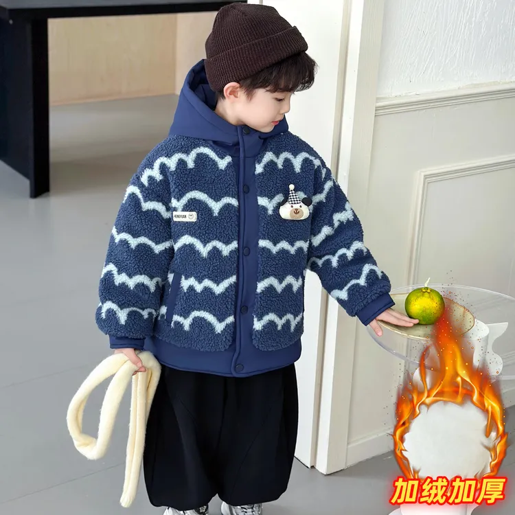 儿童冬季卡通熊加绒毛毛衣外套2025新款男童时髦加厚连帽休闲棉服