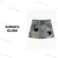 【桃桃】QK0565夏季新款爱心牛仔裙裤短裙裤显瘦卡通图案印花百搭