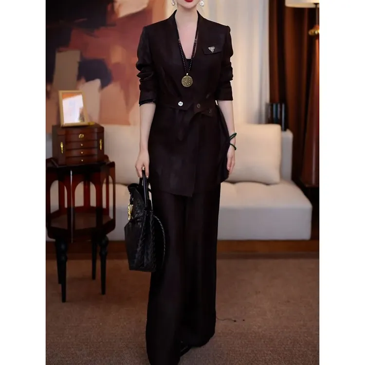 优雅轻奢高级感裤套装2025秋季新款文艺风复古收腰长袖西服+裤子