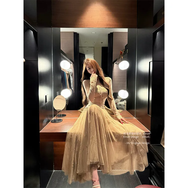 杜总家 鎏金纱裙*高级重工网纱压褶半身裙女秋冬温柔蛋糕A字伞裙