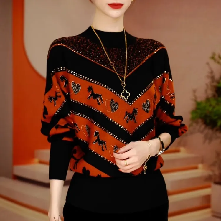 时尚设计感提花毛衣针织衫女2026春秋新款宽松显瘦小众毛衣打底衫