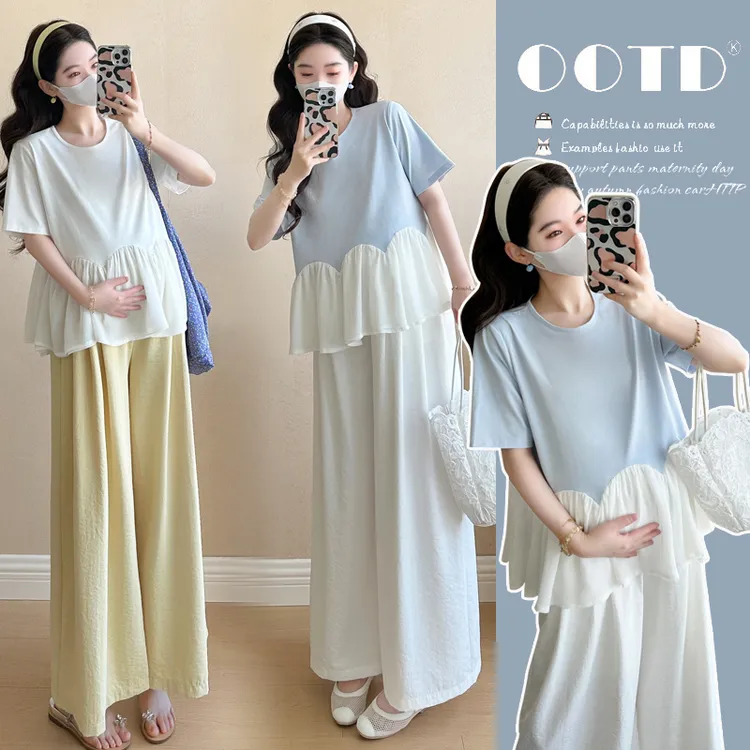 夏季孕妇套装洋气小甜美夏日外穿绝美百搭假两件上衣舒适阔腿长裤