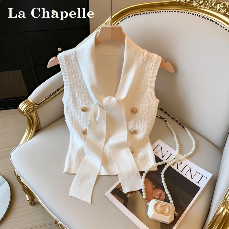 拉夏贝尔小香风绑带无袖针织背心女秋季新款气质名媛修身短款上衣