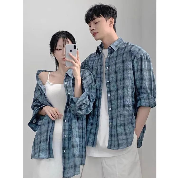 情侣装蓝色格子防晒衬衫男女夏季薄款高级感休闲宽松长袖衬衣外套