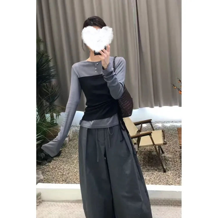 2025时尚撞色休闲时尚拼接假两件上衣女新款收腰阔腿裤两件套