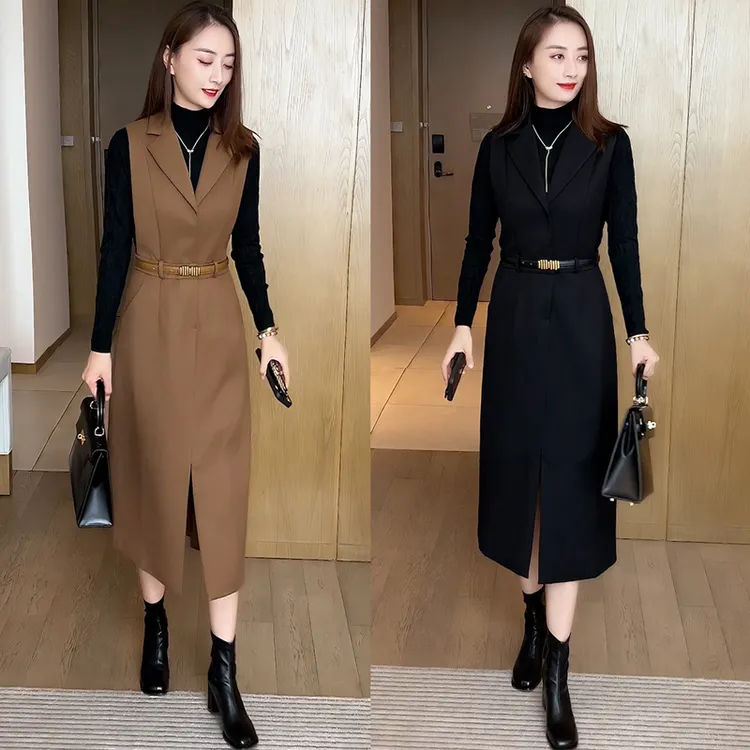 拉夏贝尔时尚套装裙女秋冬新款时尚洋气中长款毛衣背心裙两件套