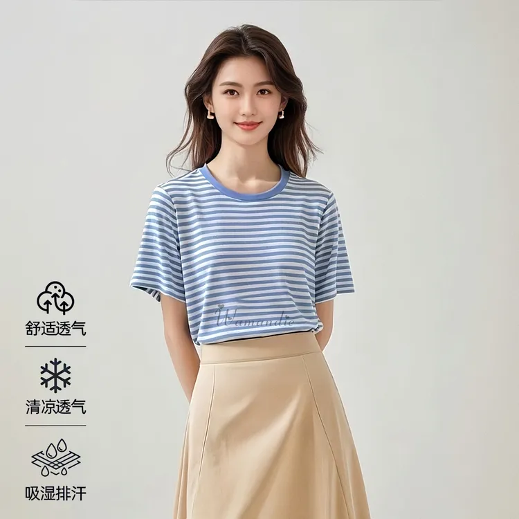 夏季兰精天丝莱赛尔绵羊毛条纹T恤慵懒宽松面膜圆领出游服装女