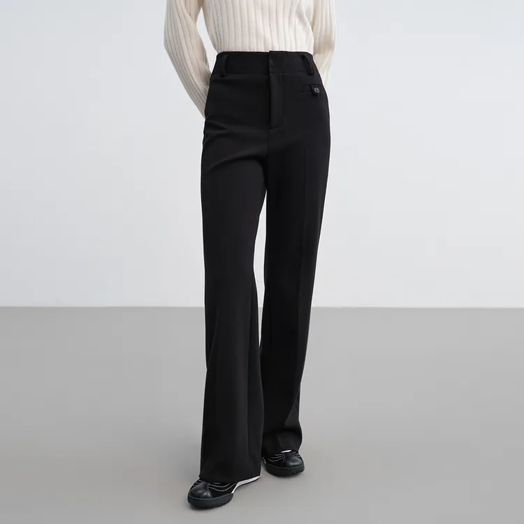 EP雅莹2025早秋新款女装 弹力高腰小黑裤羊毛空气层微喇裤6443A