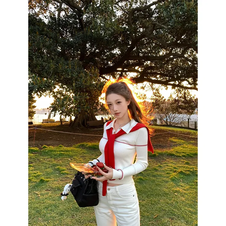 韩系ins氛围感早秋气质翻领修身显瘦针织长袖上衣休闲直筒阔腿裤
