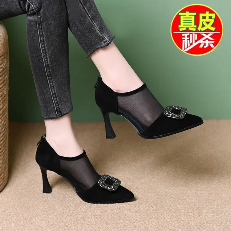 品牌断码网面镂空2025新款夏季网鞋女尖头高跟鞋网纱百搭细跟凉鞋