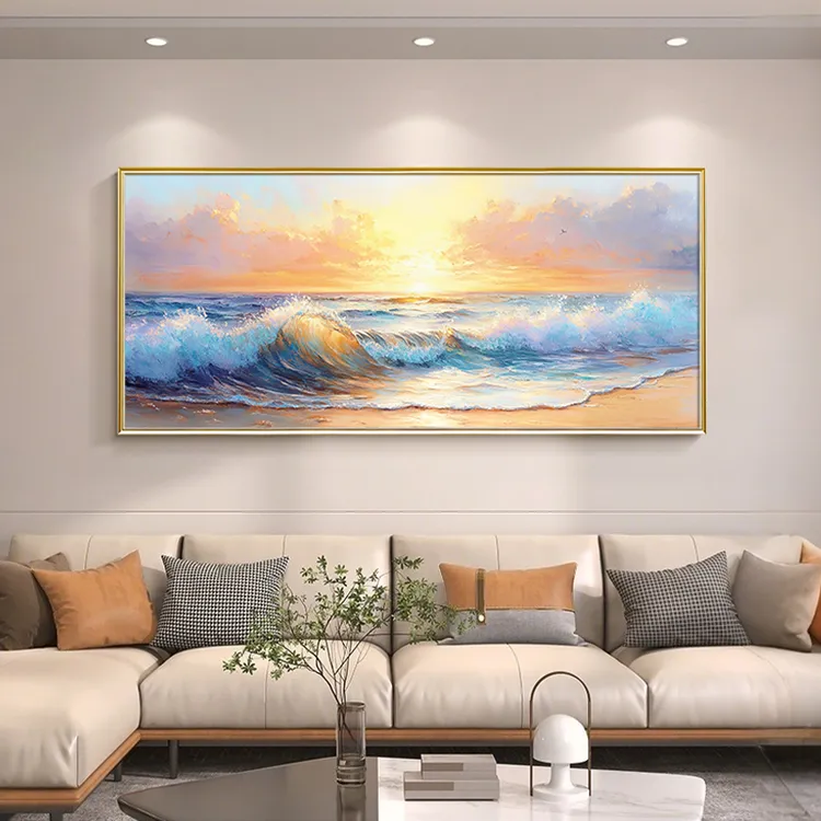 《旭日破晓》手绘油画现代简约海景抽象挂画客厅沙发背景墙装饰画