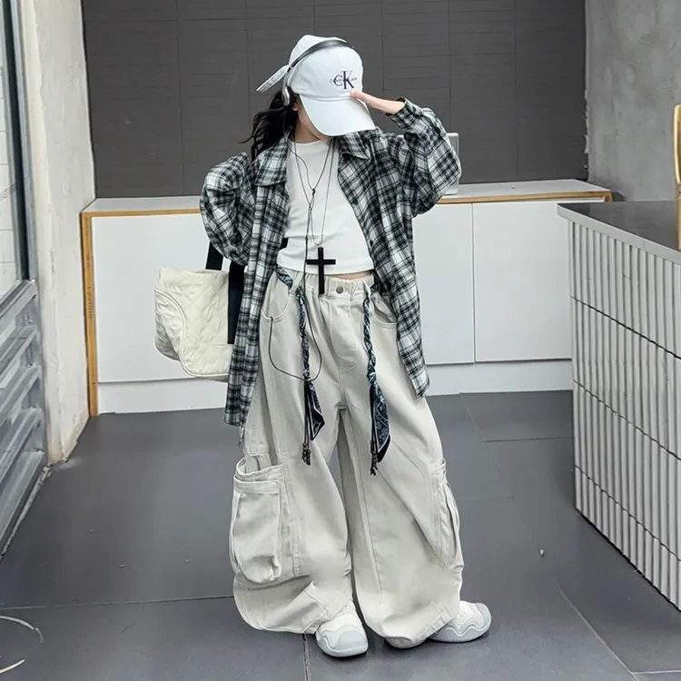 【酷哒仔】女童经典格子衬衫工装裤子两件套装2025秋季中大童学生潮