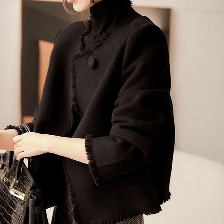 2024秋冬新款赫本小香风双面呢羊绒大衣短款小个子流苏羊毛呢外套