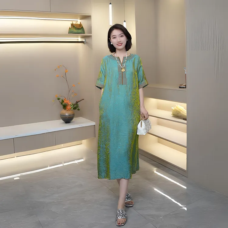 绿茵新中式新款百搭不褪色短袖绫罗提花连衣裙女中长款湖光锦休闲