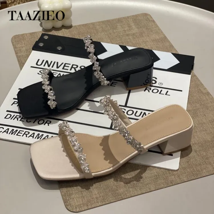TAAZIEO法式水钻高跟凉拖鞋女外穿2025韩版百搭仙女风露趾细气质