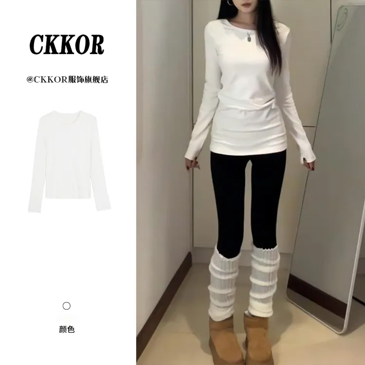 CKKOR春秋显瘦长袖百搭纯色德绒打底衫女修身慵懒风圆领高腰上衣