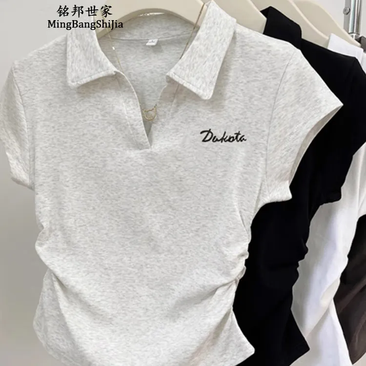 【铭邦世家】正肩短袖t恤女夏小众美式短款polo领上衣女款商品图