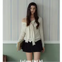 【LaluneDuCiel】LLDC 5周年店庆 韩系慵懒风一字肩绑带针织上衣