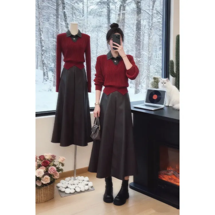 时尚套装假两件拼接牛仔领针织毛衣女秋冬显瘦高腰半身皮裙两件套