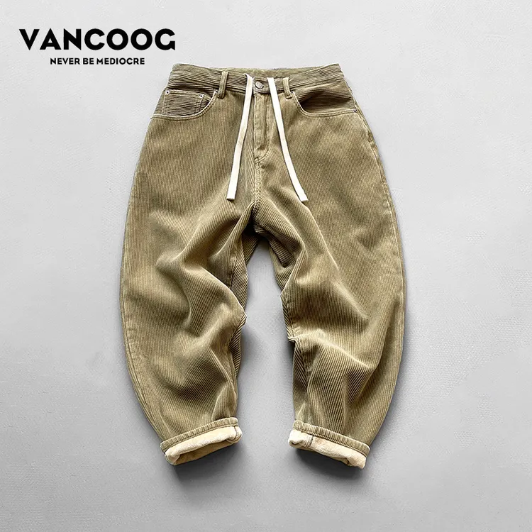 凡购冬季潮牌加绒长裤宽松小脚哈伦裤水洗灯芯绒保暖加厚休闲裤男