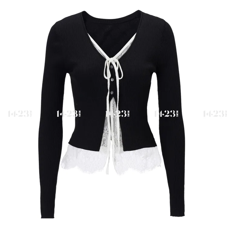 1423【织梦云端】黑色蕾丝系带重磅轻薄透气拼接遮阳短款开衫上衣