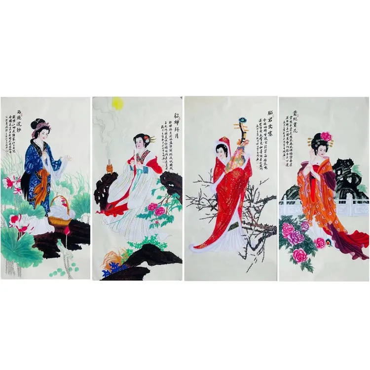四大美女纯手绘工笔国画人物貂蝉西施王昭君杨玉环一套四尺整作品