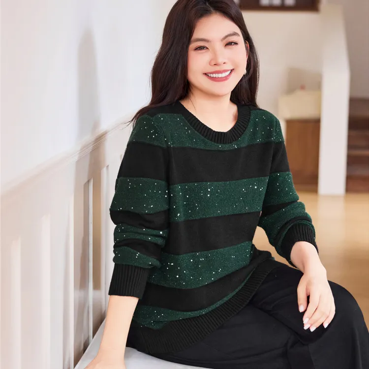 MsShe大码女装2025秋装珠片亮丝条纹仿兔绒纱套头毛衣B2509016