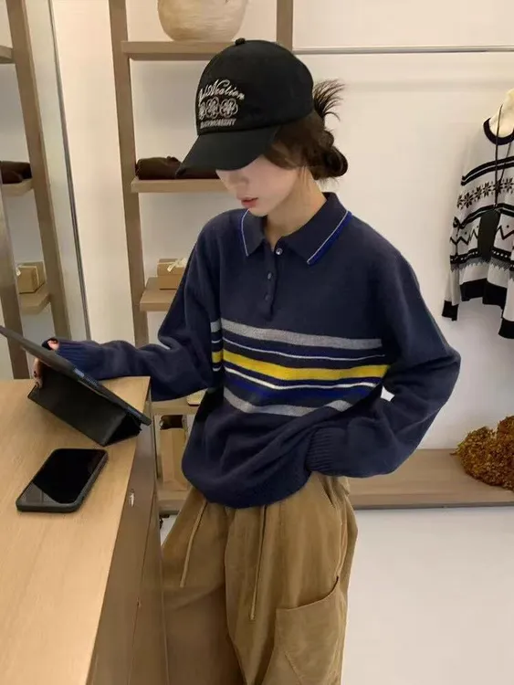 韩系复古polo领条纹翻领套头毛衣女秋季新款宽松休闲针织上衣百搭