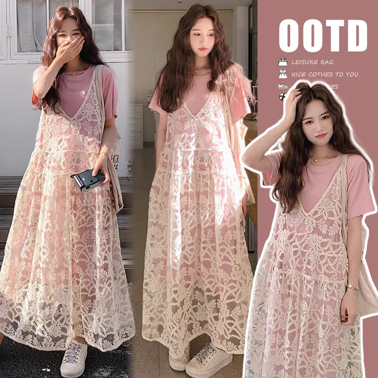 时髦孕妇装新款叠穿蕾丝吊带裙时尚新法式流行设计感连衣裙两件套