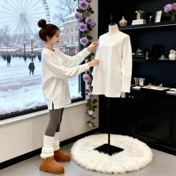 德绒中长款宽松大码长袖打底衫秋冬季休闲圆领开叉遮屁股T恤上衣