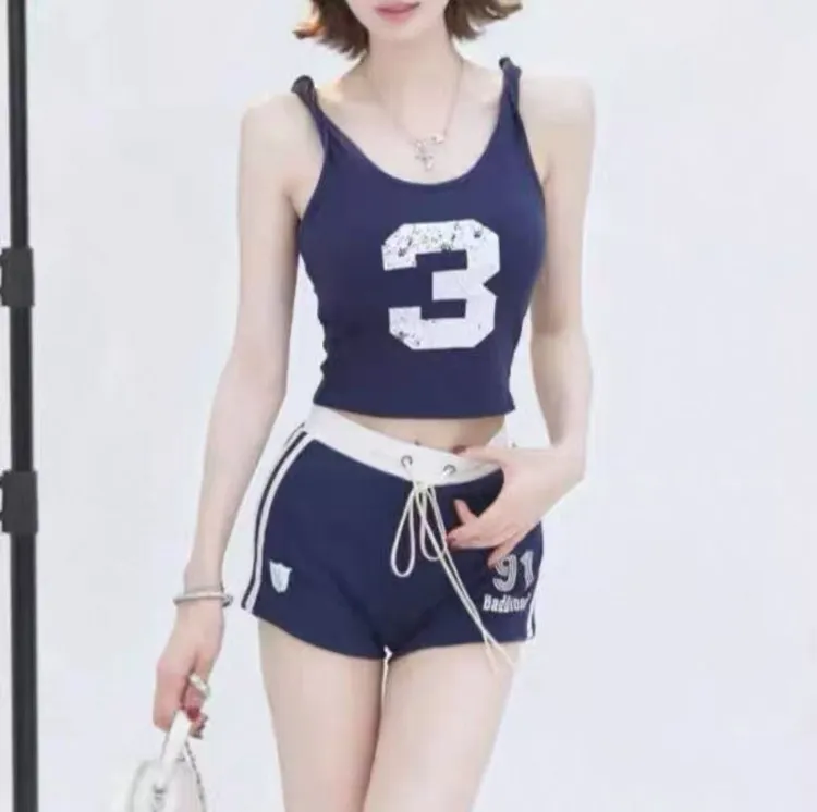藏青色吊带背心上衣短裤夏季清凉女2025夏季新款设计感辣妹套装
