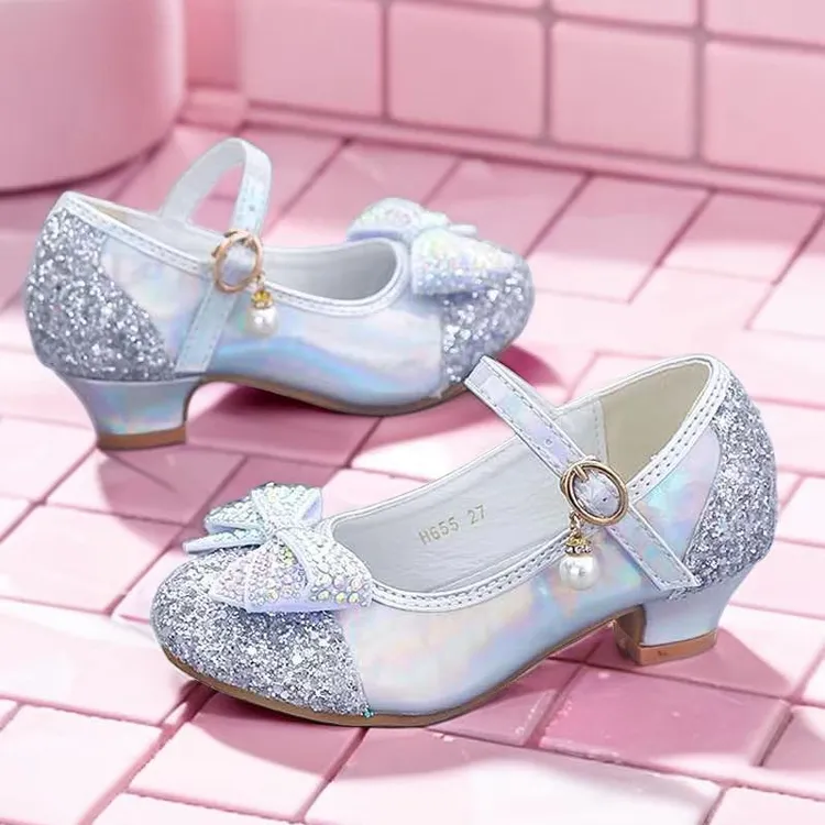 女童鞋子女童春款鞋女童演出鞋银色皮鞋小女孩鞋子女童高跟公主鞋