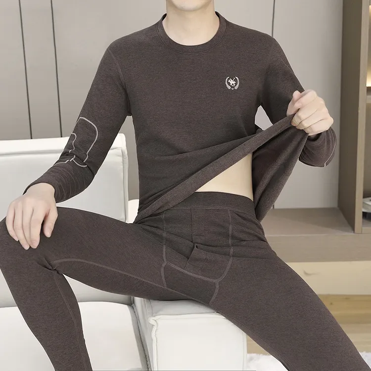男士德绒保暖内衣套装2025新款加绒加厚打底衫中老年爸爸秋衣秋裤
