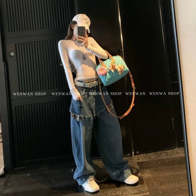 【打破常规】格纹双腰头设计感时髦牛仔裤