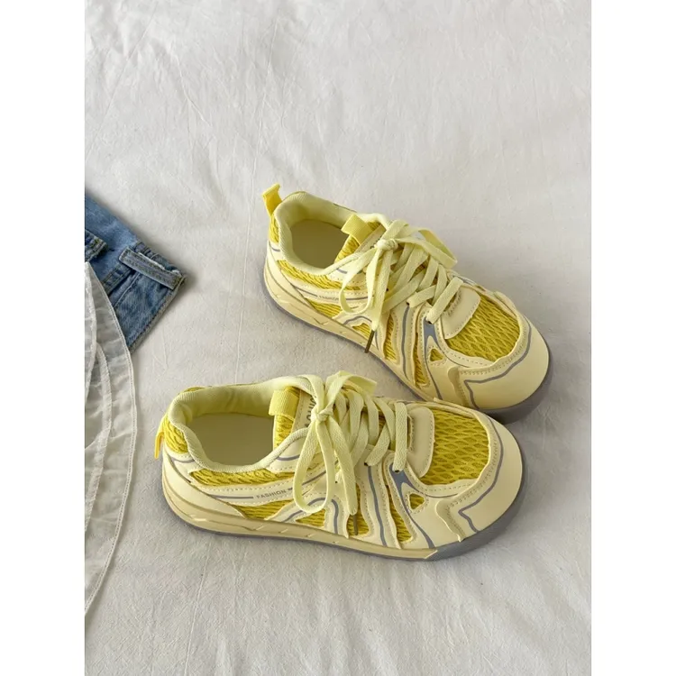 丑萌黄色网面透气板鞋女款2025夏季轻便休闲运动鞋厚底阿甘德训鞋
