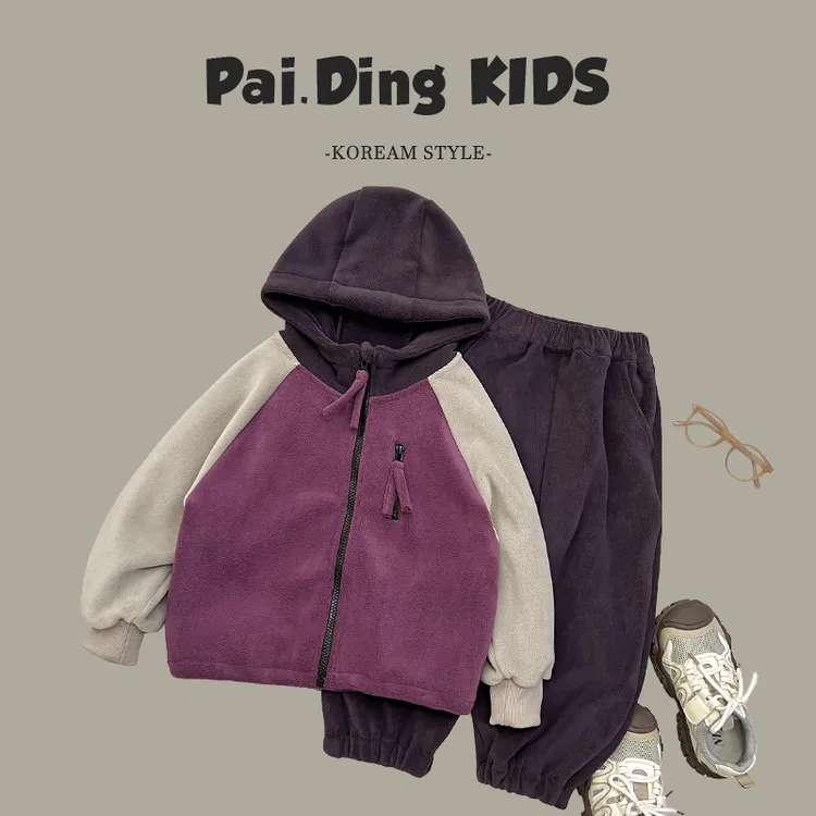 【现货】秋冬装新款儿童韩版时尚撞色设计宽松日常连帽套装HCXZ3543