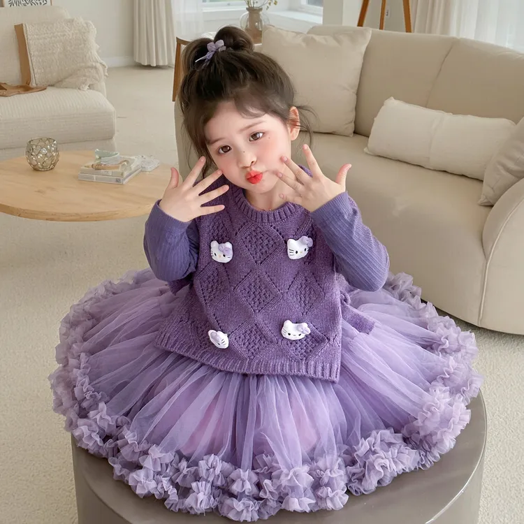 女童卡通动漫猫咪套装秋季毛衣马甲儿童洋气公主裙春秋女孩两件套